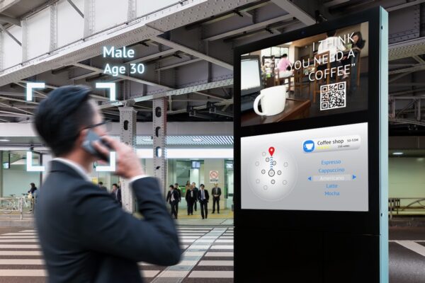 智能数字标牌，增强现实营销和人脸识别概念。面向零售咖啡店的交互式人工智能数字广告导航仪方向。