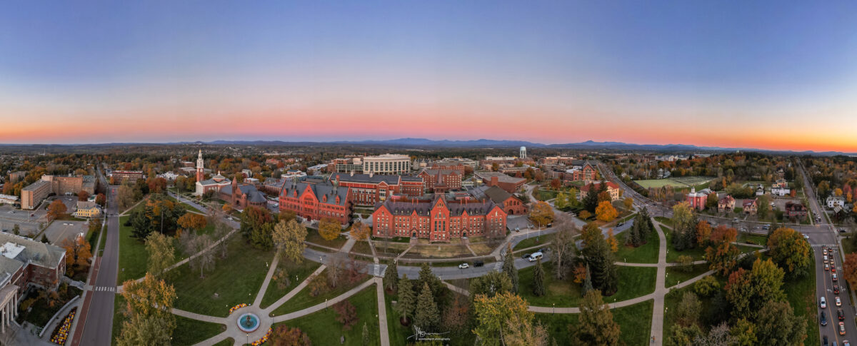 Drone shot of UVM campus in Fall shot by Sam Yang
